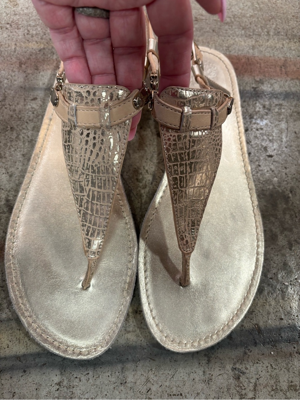 Vince Camuto Metallic Croc-Embossed T-Strap Sandals in Champagne Gold
